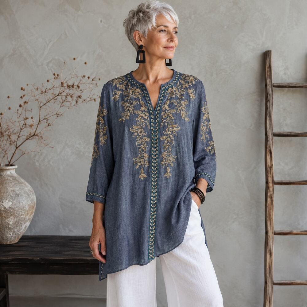 J Jill Blue Chambray Long Sleeve Floral Embroidered Tunic Medium